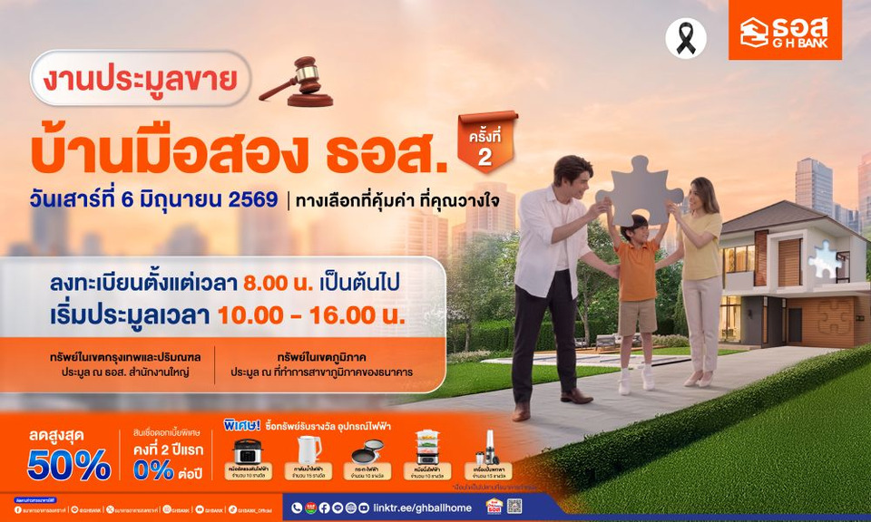 ธอส. จัดงานใหญ่กลางปี ประมูลขายบ้านมือสอง ลดสูงสุด 50% โปรสินเชื่อบ้านดบ. 2 ปีแรก 0% ต่อปี