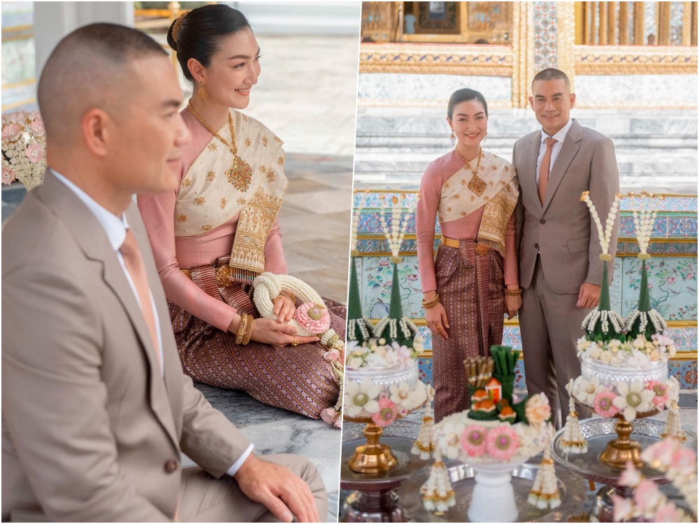 "แพนเค้ก" สวมชุดไทย ควง "สารวัตรหมี" กราบสักการะพระแก้วมรกต