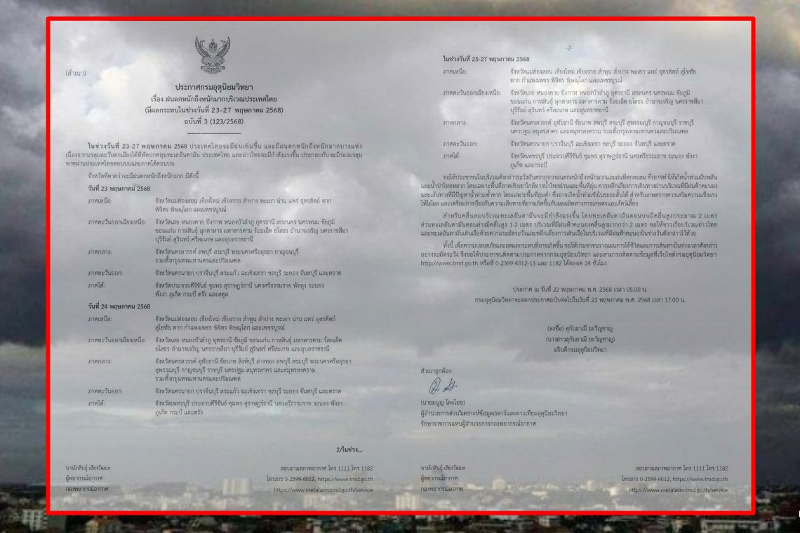 ประกาศเตือนภัย! ฉ.3 ฝนตกหนักทั่วไทย 23-27 พ.ค. กรมอุตุฯ แจ้ง 5 ภูมิภาคเสี่ยงน้ำท่วมฉับพลัน