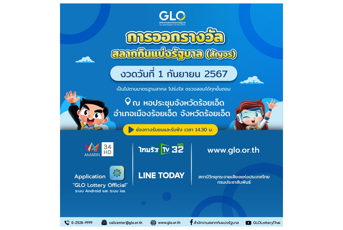 "สำนักงานสลากฯ" พร้อมออกสลากสัญจร งวดวันที่ 1 กันยายน 2567 ที่จังหวัดร้อยเอ็ด