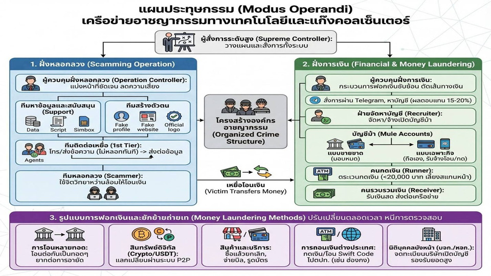 ศปอส.ตร. เปิดโปงโครงสร้างแก๊งคอลเซ็นเตอร์ แยกทีมหลอกลวง–ฟอกเงิน ทำงานเป็นระบบ