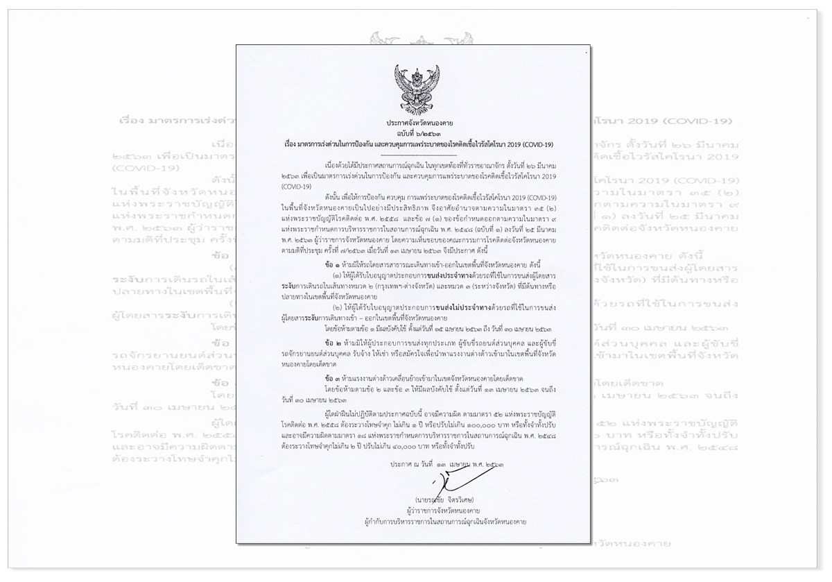 ผู้ว่าฯหนองคาย ออกคำสั่ง ห้ามรถโดยสารสาธารณะเดินทางเข้า-ออก และห้ามเคลื่อนย้ายแรงงานต่างด้าวเด็ดขาด ฝ่าฝืนจำคุก 1 ปี ปรับ 1 แสน