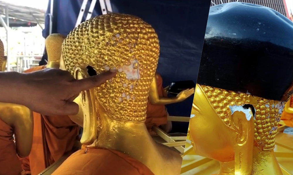 เล่นพิเรนทร์!! มือดีเอาบาตรครอบเศียรพระ แถมทุบจนแตกในวัดห้วงหิน