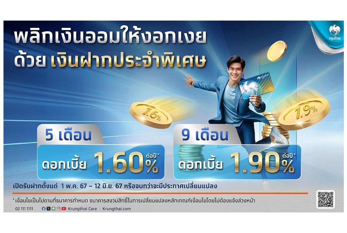 "กรุงไทย" ออกเงินฝากประจำพิเศษ 5 เดือน 9 เดือน รับดอกเบี้ยทุกเดือน สูงสุด 1.90% ต่อปี