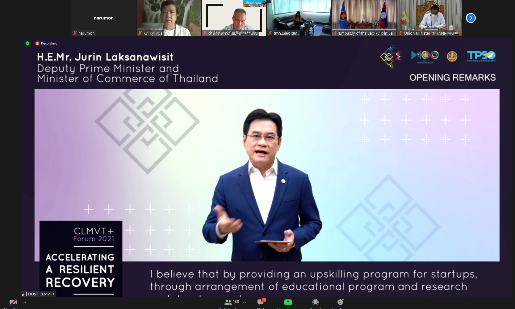 “จุรินทร์” นำทัพสัมมนา CLMVT+ Forum 2021 ฟื้นฟู ศก.หลังโควิด-19 