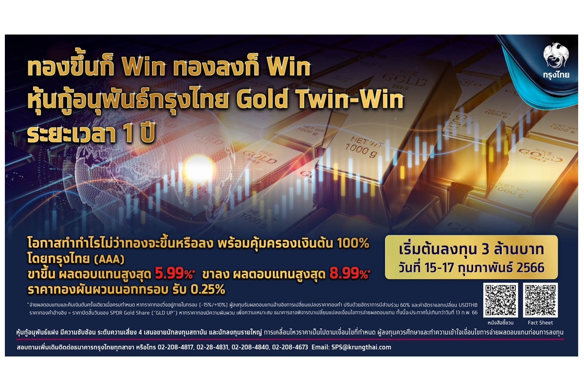 “กรุงไทย” เสนอขายหุ้นกู้อนุพันธ์ “Gold Twin-Win” รับผลตอบแทนสูงสุด 8.99% คุ้มครองเงินต้น 100% 