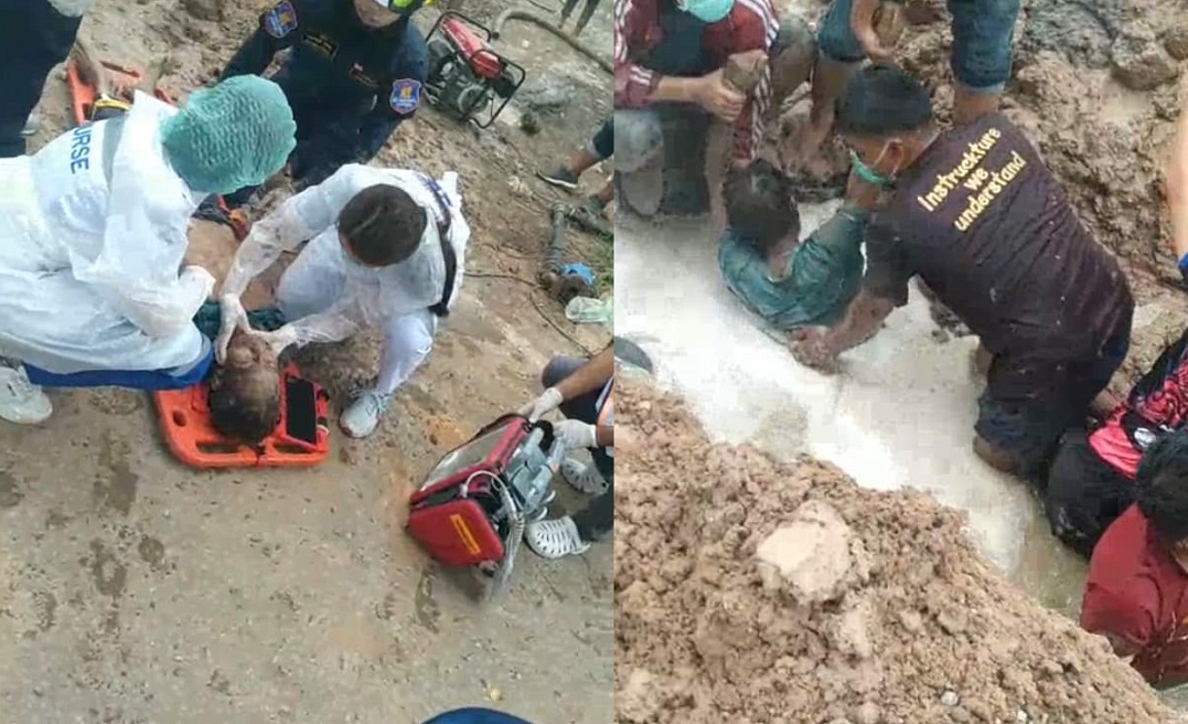  ดินสไลด์ถมร่างคนงานซ่อมท่อประปาโชคดีรอดตายหวุดหวิด