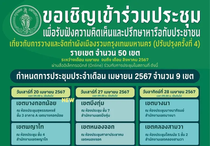 เตรียมถก! กทม.เปิดรับฟังความเห็นร่างผังเมือง 50 เขต เม.ย.-ส.ค.นี้ เริ่มแล้ว 9 เขตแรก