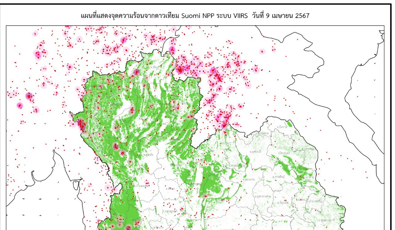 จุดความร้อนไทยลดลงต่อเนื่องพบ 1,310 จุด ในเขตพื้นที่ป่าอนุรักษ์ยังคงพบมากสุด 704 จุด 