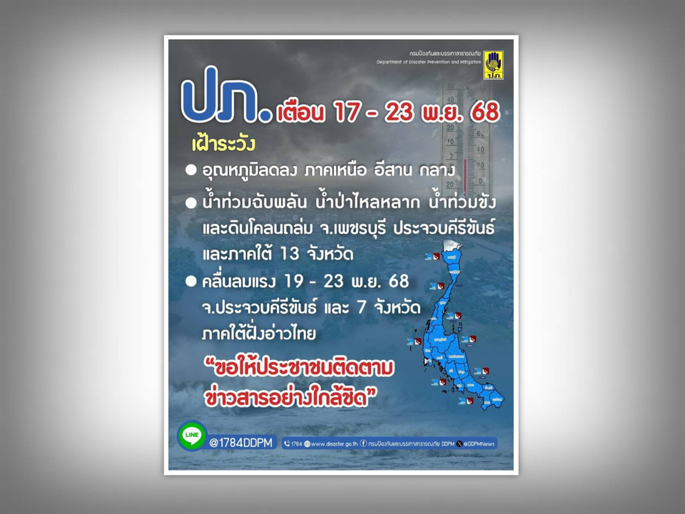 ปภ.เตือนรับมืออากาศหนาว-อุทกภัยทั่วไทย 17-23 พ.ย.68 เฝ้าระวังน้ำท่วม ดินโคลน คลื่นลมแรง 