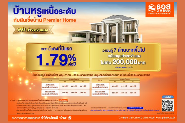 ธอส. เปิดตัวสินเชื่อ Premier Home ดอกเบี้ยปีแรก 1.79% หนุนคนมีกำลังซื้อ กระตุ้นอสังหาฯ