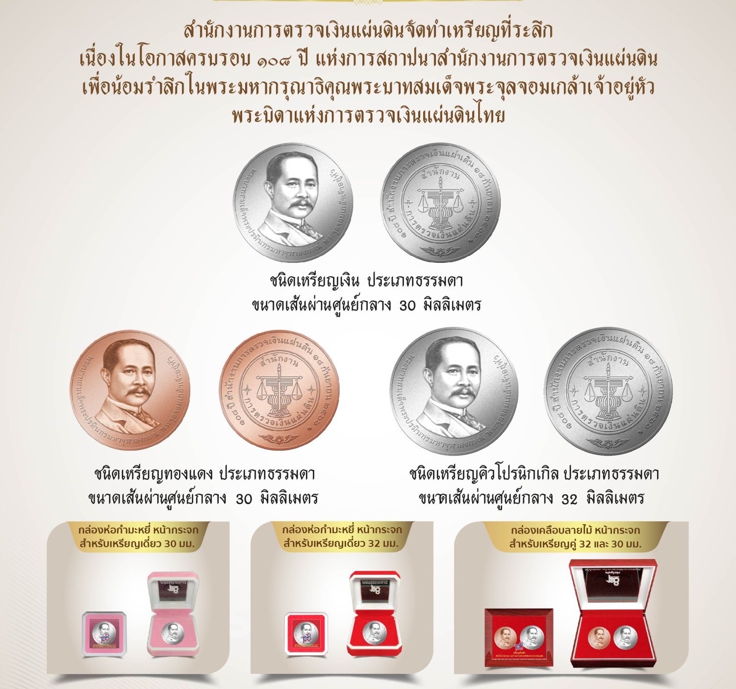 สำนักงานตรวจเงินแผ่นดินเปิดให้จองหรียญที่ระลึกครบรอบ 108 ปี  