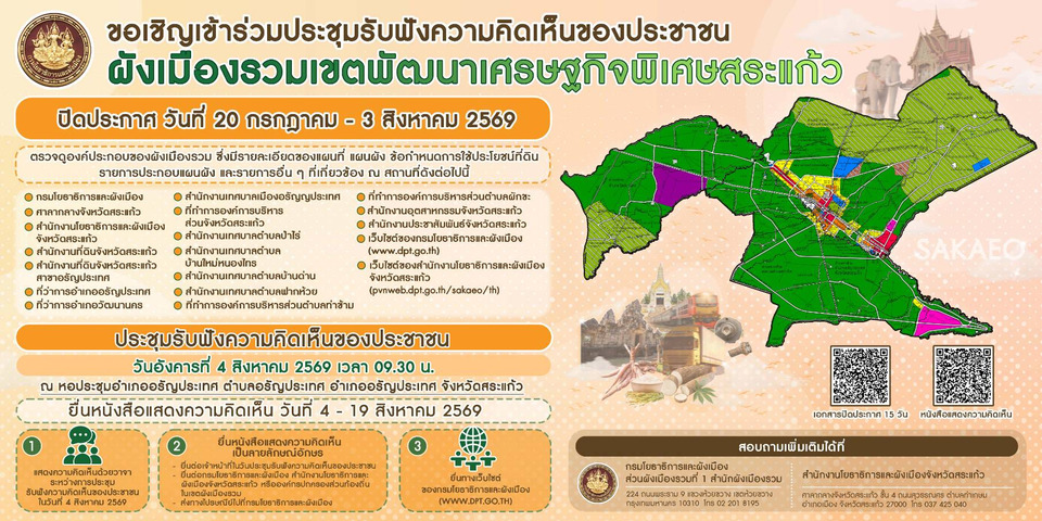 กรมโยธาฯ เชิญชาวสระแก้ว ร่วมประชุมรับฟังความคิดเห็น "ร่างผังเมืองรวมเขตพัฒนาเศรษฐกิจพิเศษ" 4 ส.ค. นี้
