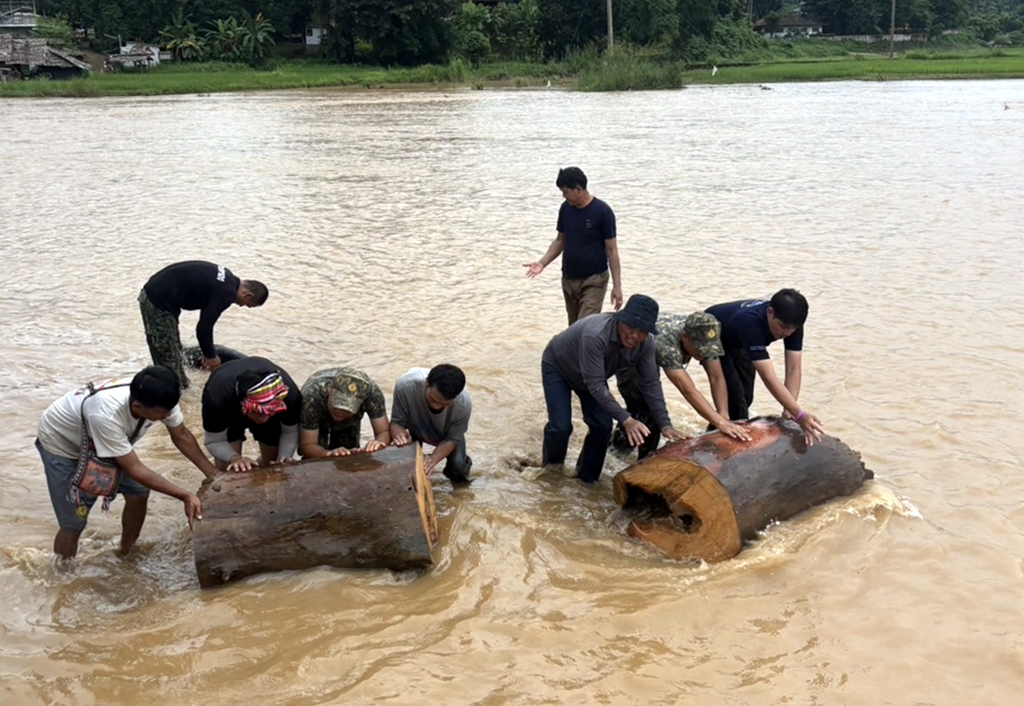 เคลียร์ท่อนไม้ใหญ่ขวางสะพานซูตองเป้ เสี่ยงทำสะพานได้รับความเสียหาย