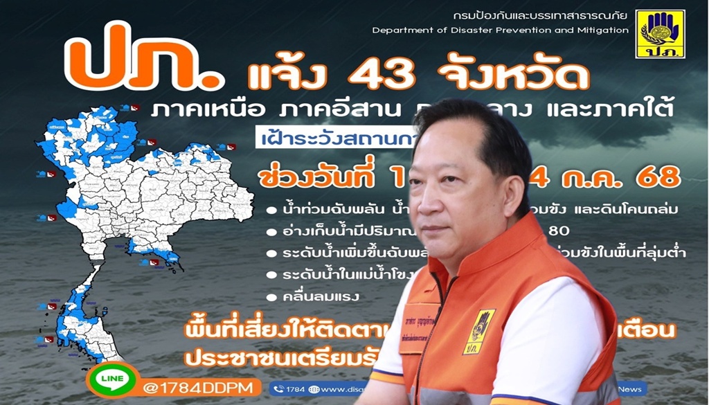 ปภ. เตือน 43 จังหวัด เฝ้าระวังน้ำท่วม น้ำป่าไหลหลาก 19-24 ก.ค.นี้