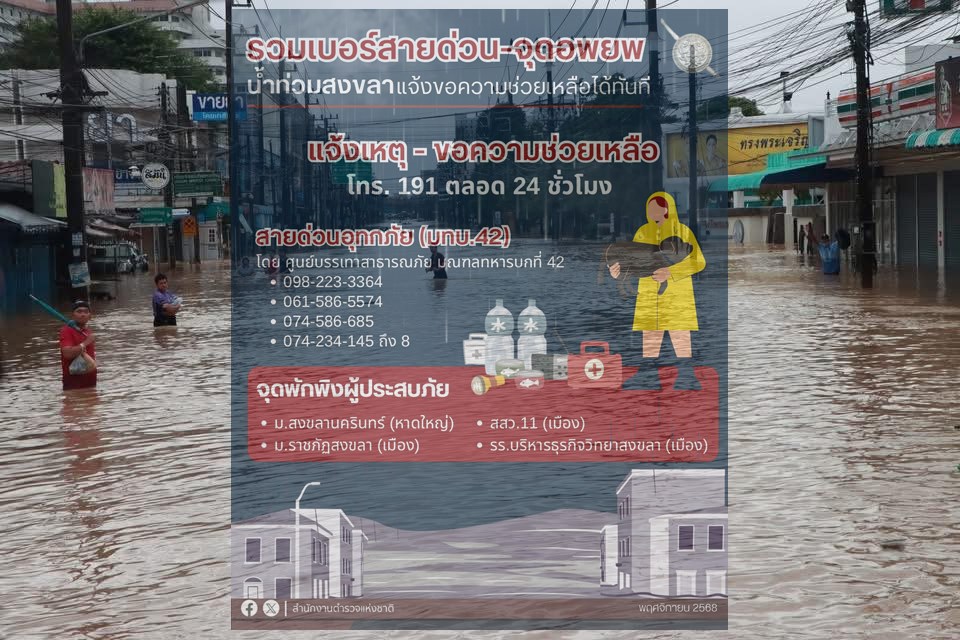 สตช.เปิดสายด่วน 191 รวมเบอร์ช่วยเหลือน้ำท่วมสงขลา พร้อม 4 จุดอพยพหลักรับผู้ประสบภัย