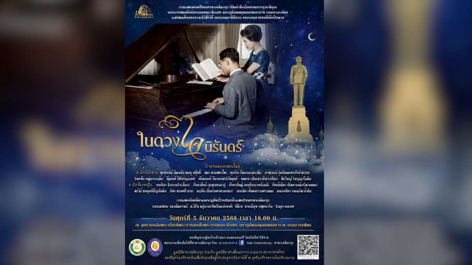ศาลาเฉลิมกรุงจัดแสดง “ในดวงใจนิรันดร์” 18 นักร้องร่วมขับขาน บทเพลงรำลึกในหลวง ร.9 และสมเด็จพระพันปีหลวง ณ อุทยานเฉลิมพระเกียรติ รัชกาลที่ 9
