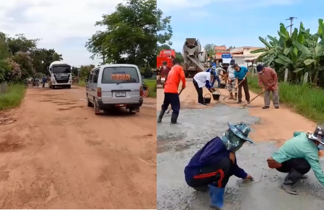 ชาวบ้านอ.บ้านดุงลงขันซ่อมถนนกันเองไม่ง้อรัฐหลังพังมาหลายปี