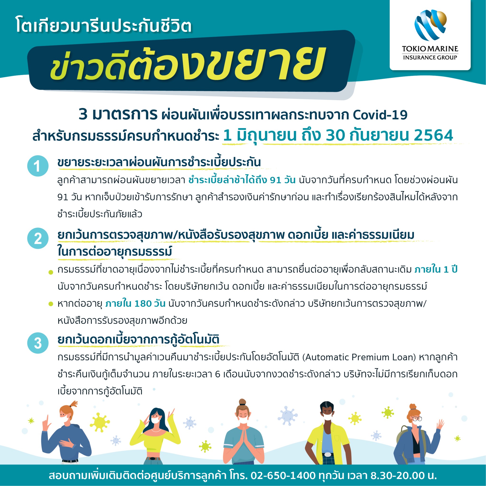 โตเกียวมารีนประกันชีวิต เพิ่ม 3 มาตรการสร้างความอุ่นใจแก่ลูกค้าผู้ได้ผลกระทบจาก Covid-19