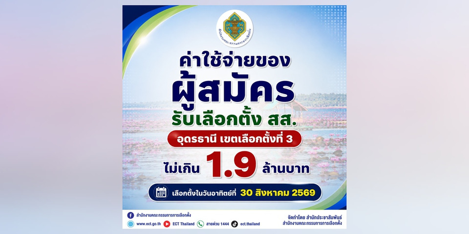 กกต.กำหนดค่าใช้จ่ายของผู้สมัครรับเลือกตั้งซ่อม สส.เขต 3  อุดรธานี  ไม่เกิน 1.9 ล้านบาท 