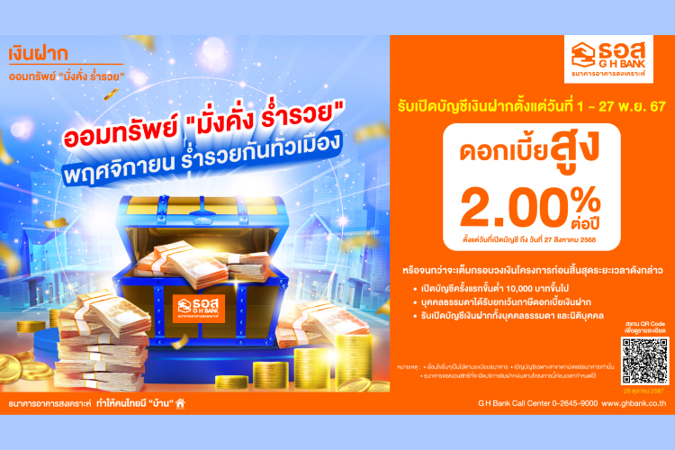  ออมเลยไม่ต้องรอ!! ธอส. ชวนเปิดบัญชีเงินฝากออมทรัพย์ “มั่งคั่ง ร่ำรวย” ตั้งแต่วันที่ 1 – 27 พ.ย.67