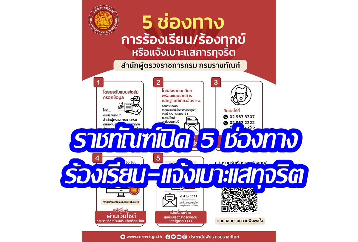 "ราชทัณฑ์" เปิด 5 ช่องทาง รับเรื่องร้องเรียน-แจ้งเบาะแสการทุจริต