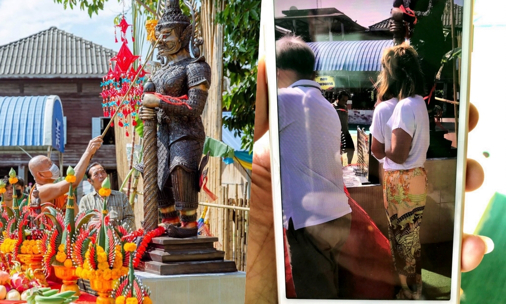 สาวถ่ายรูปร่วมงานพิธีเบิกเนตรท้าวเวสสุวรรณ ติดภาพตัวเองซ้อนกัน