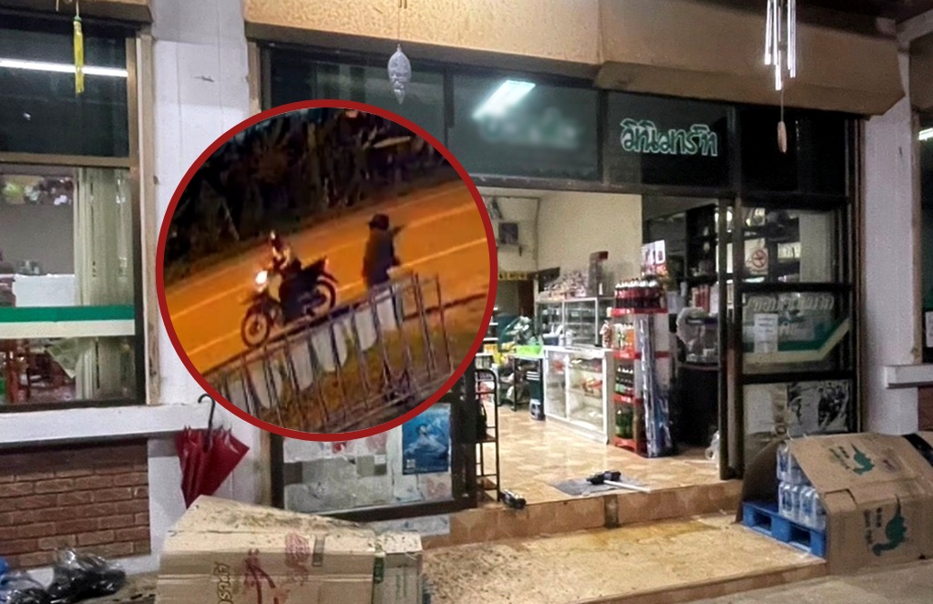 คนร้ายขว้างระเบิดไปป์บอมบ์ใส่ร้านมินิมาร์ท ธารโต เศษสะเก็ดทำรถ-กระจกร้านเสียหาย