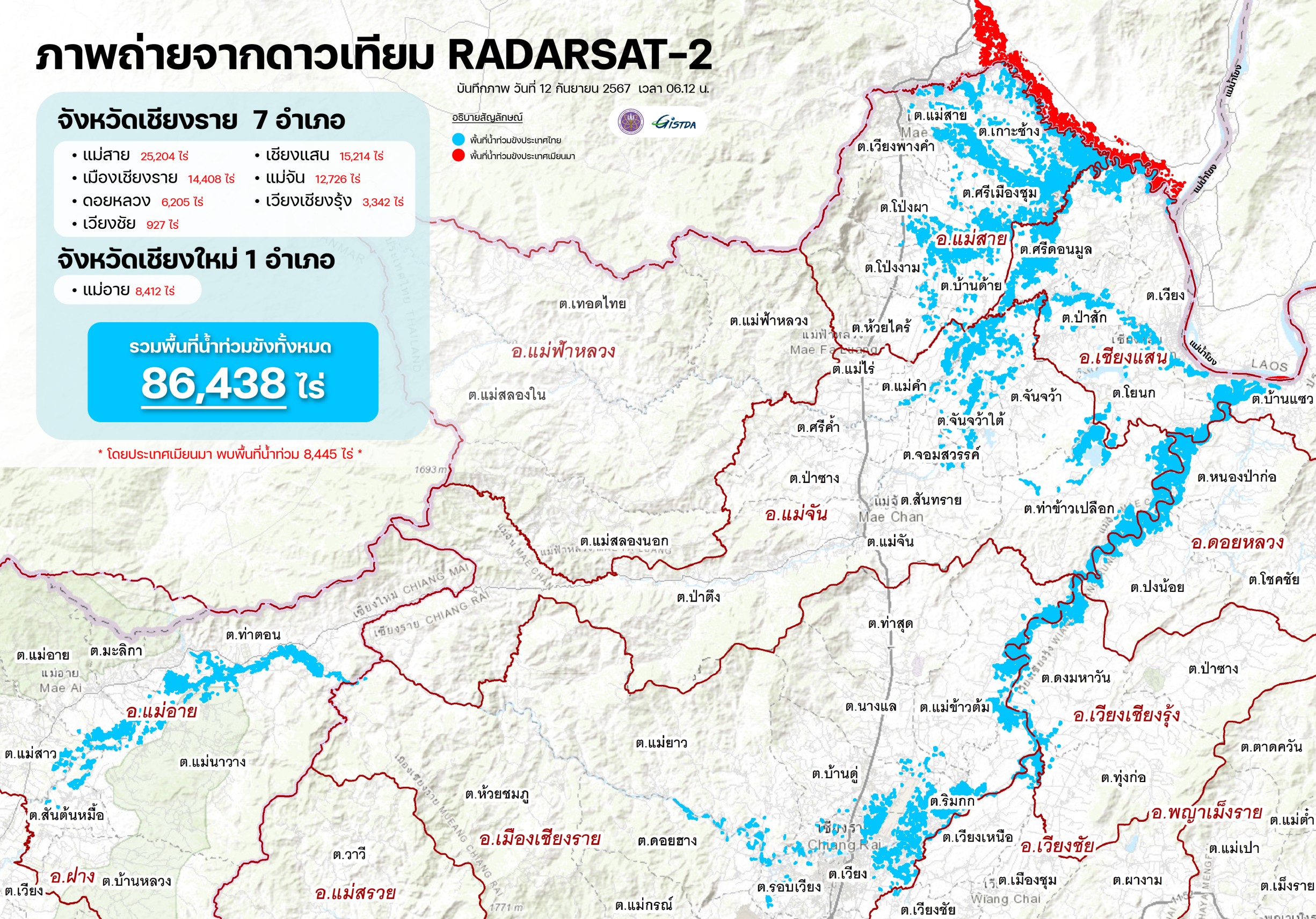 จิสด้าพบน้ำท่วมขัง7อำเภอเชียงราย-1อำเภอในเชียงใหม่ทั้งหมด 86,438 ไร่ 