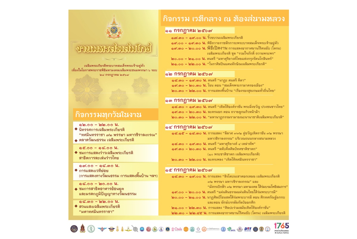 กระทรวงวัฒนธรรม ร่วมกับภาครัฐและเอกชน จัดริ้วขบวนเฉลิมพระเกียรติฯ 26 ขบวน รวมกว่า 2,800 คน ในพิธีมหรสพสมโภช เนื่องในโอกาสพระราชพิธีมหามงคล เฉลิมพระชนมพรรษา 6 รอบ