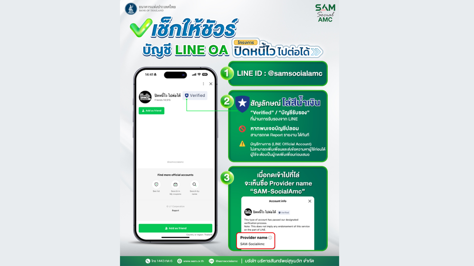 SAM เตือนภัยมิจฉาชีพ เช็กให้ชัวร์!!ก่อนแอดไลน์เข้าร่วม โครงการ “ปิดหนี้ไว ไปต่อได้”