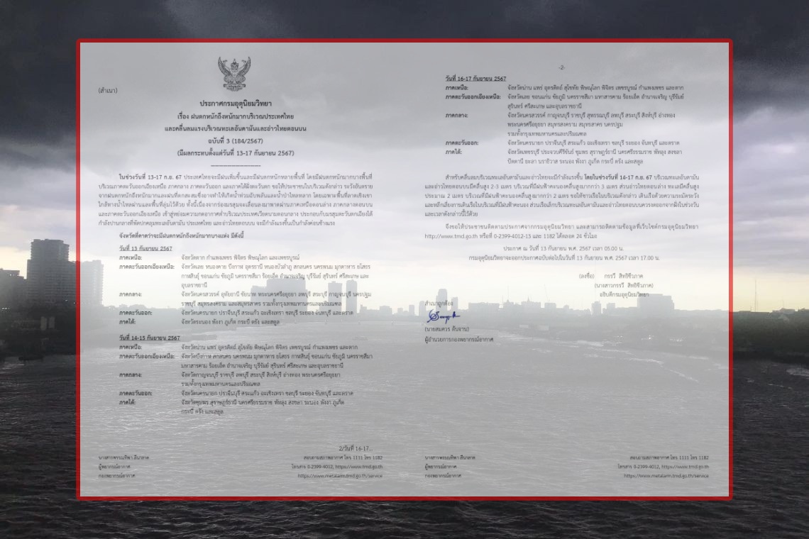 กรมอุตุฯ เตือนฉบับที่ 3 ฝนตกหนักถึงหนักมาก มีจังหวัดไหนบ้าง