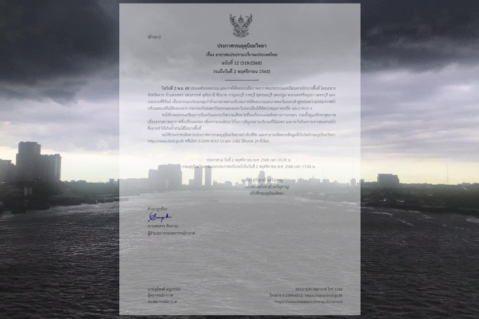 กรมอุตุฯ เตือนอากาศแปรปรวนทั่วไทย ฝนตกหนักบางพื้นที่ เสี่ยงน้ำท่วม