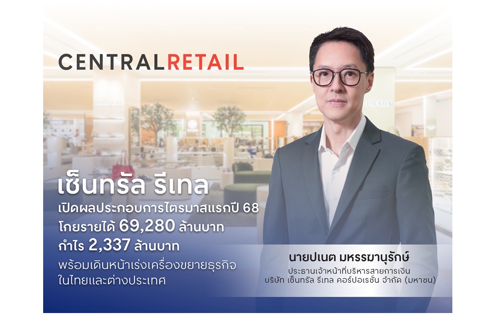 เซ็นทรัล รีเทล เปิดผลประกอบการ Q1/68 รายได้ 69,280 ล้านบาท กำไร 2,337 ล้านบาท เร่งเครื่องขยายธุรกิจในไทย-ตปท.