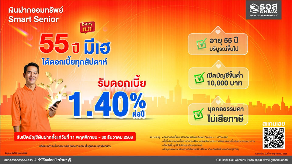ธอส.ชูเงินฝากออมทรัพย์ “Smart Senior” รับผลตอบแทนทุกสัปดาห์ อัตราดบ.สูง 1.40% ต่อปี