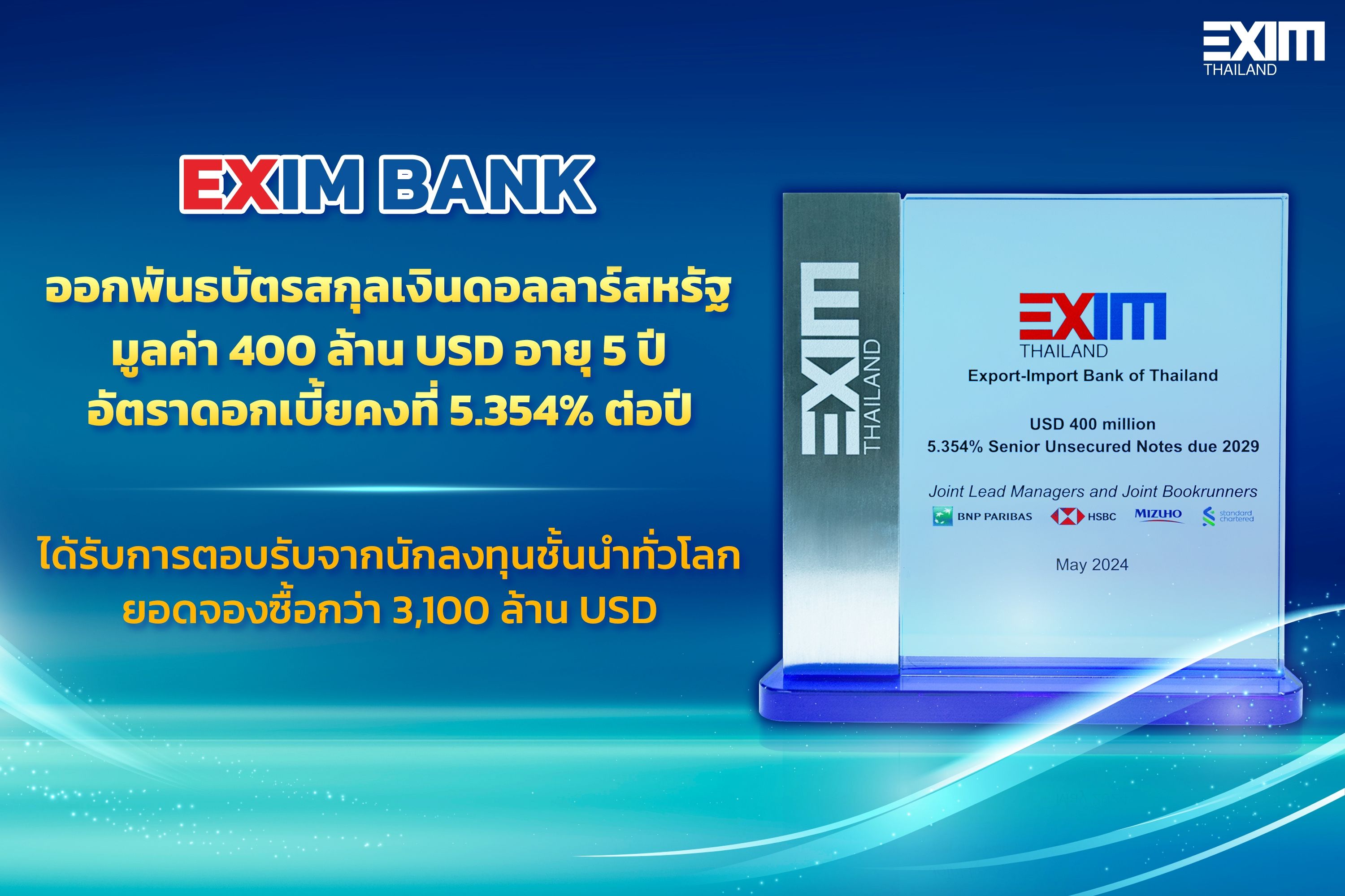 EXIM BANK ประกาศความสำเร็จออกพันธบัตรสกุลเงินดอลลาร์สหรัฐ ผลตอบรับล้นหลามสะท้อนความเชื่อมั่นนักลงทุนชั้นนำทั่วโลก