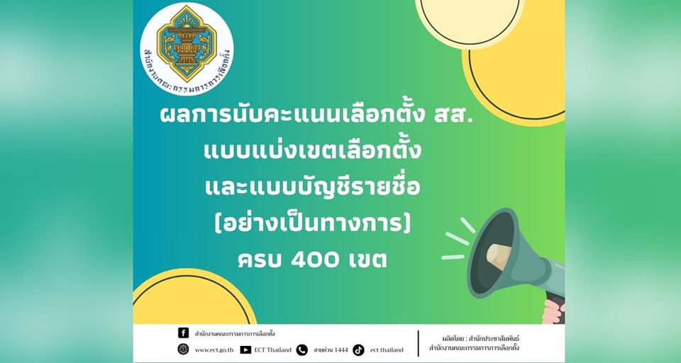 กกต.เผยผลเลือกตั้ง สส.อย่างเป็นทางการ 400 เขต  แจ้งบางหน่วยยังไม่ครบเหตุต้องนับใหม่-ลงคะแนนใหม่