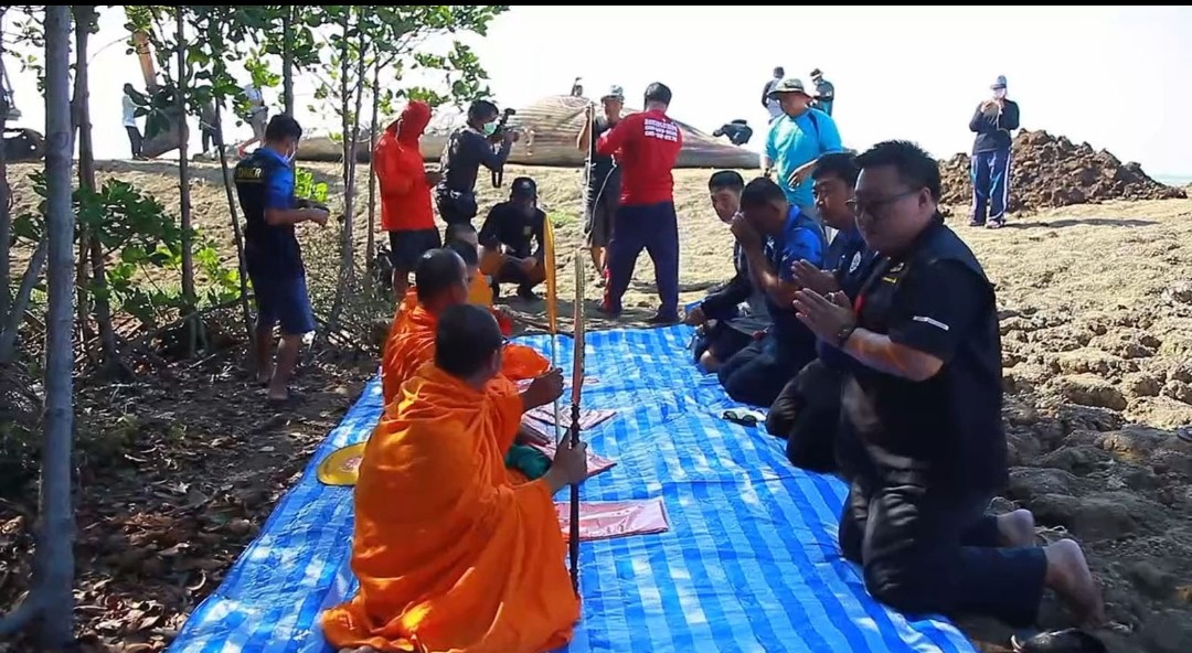 ชาวบ้านนิมนต์พระสวดบังสุกุลซากปลาวาฬบรูด้า