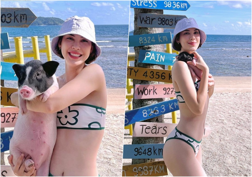 แจกความสดใส! "แมท ภีรนีย์" สวมบิกินีลายน่ารัก อุ้มน้องหมู อวดผิวขาวโอโม่ริมทะเล