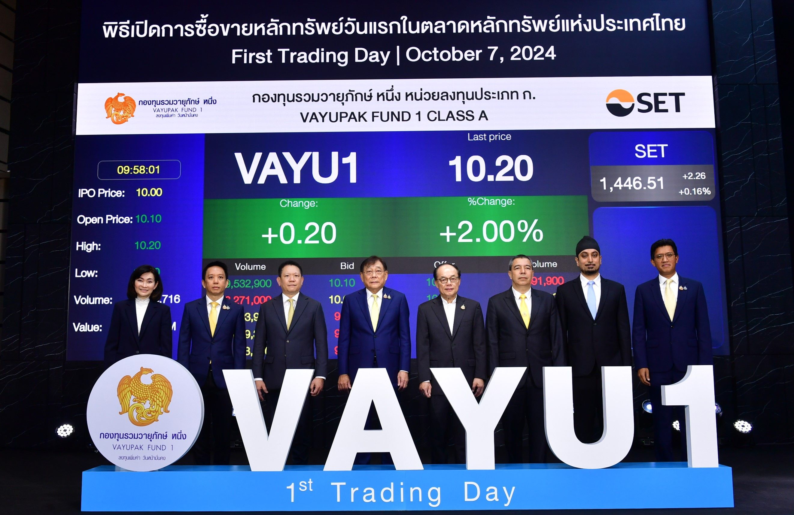 "กองทุนวายุภักษ์ หนึ่ง" เปิดเทรดวันแรก 10.20 บาท/หน่วย สูงกว่า IPO 2% "พิชัย" ย้ำสร้างผลตอบแทนระยะยาว