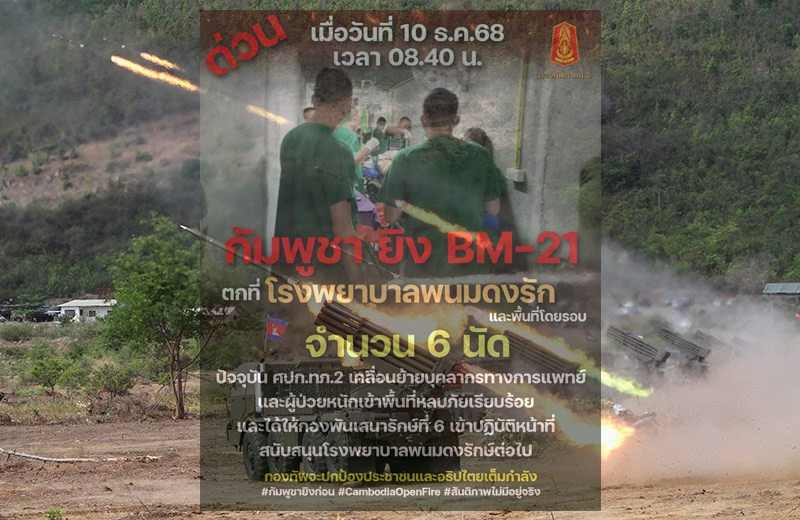 ด่วน! "กัมพูชา" ยิงกระสุน BM-21 ตกใกล้โรงพยาบาลพนมดงรัก กองทัพภาคที่ 2 อพยพแพทย์–ผู้ป่วยเข้าที่ปลอดภัยแล้ว