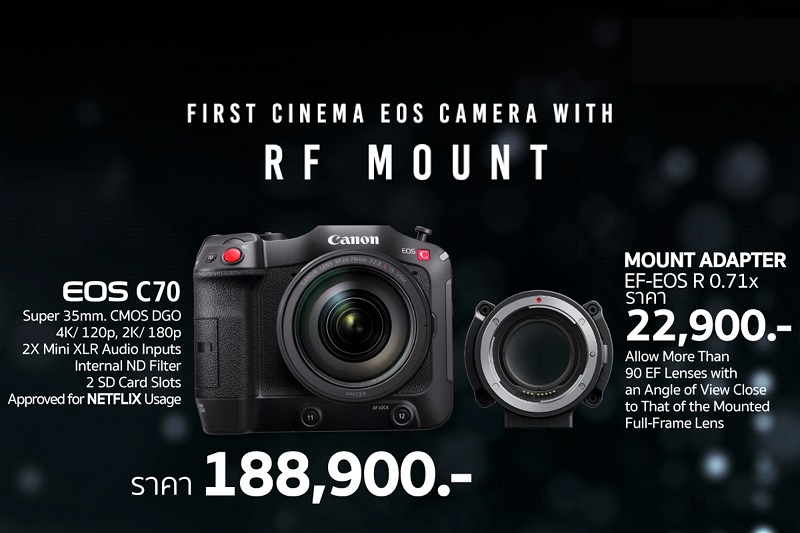 “แคนนอน”ประกาศราคากล้อง Canon EOS C70 พร้อมเมาท์อะแดปเตอร์ EF-EOS R 0.71x วางขาย 21 ม.ค.นี้
