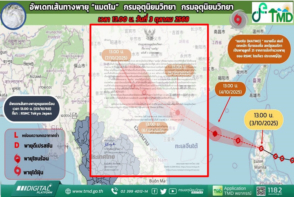 กรมอุตุฯ เตือน ฉบับที่ 1 พายุ “แมตโม” จ่อขึ้นฝั่งเวียดนาม 5–6 ต.ค. ไม่เข้าไทย แต่เตือนฝนหนักหลายพื้นที่