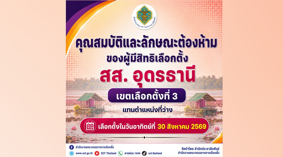 กกต.แจ้งคุณสมบัติ-ลักษณะต้องห้าม ผู้มีสิทธิเลือกตั้ง สส.เขต 3 อุดรฯ 30 ส.ค.นี้