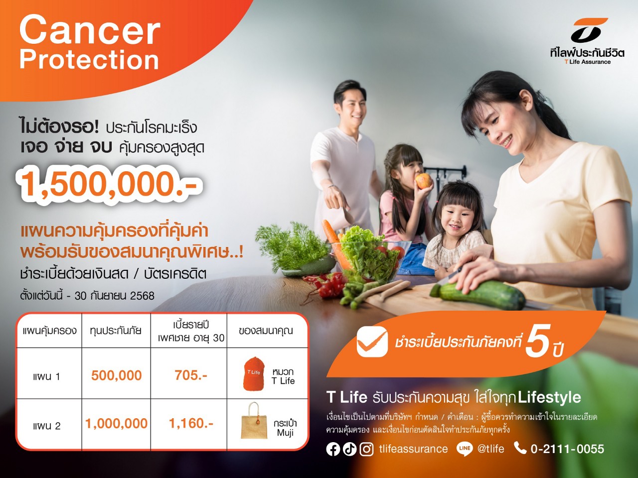 ที ไลฟ์ ประกันชีวิต เปิดตัวประกันมะเร็งจับต้องได้  “Cancer Protection”  จ่ายเบี้ยเริ่มต้นปีละ 705 บาท คุ้มครองมะเร็งทุกระยะ จ่ายเงินก้อนทันทีเมื่อตรวจพบ