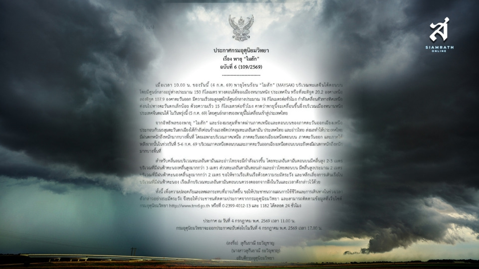 "กรมอุตุฯ" ประกาศ ฉบับ 6 พายุโซนร้อน "ไมสัก" ไม่เข้าไทย แต่ฝนหนักถึงหนักมาก 5-6 ก.ค.เตือนเรือเล็กงดออกฝั่ง