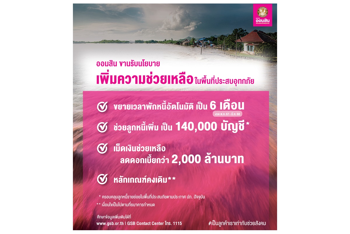เต็มที่! "ออมสิน" ช่วยลูกหนี้รับมือน้ำท่วมซ้ำเติมอีกระลอก ขยายเวลาพักหนี้ออโต้จาก 3 เดือนเป็น 6 เดือน 