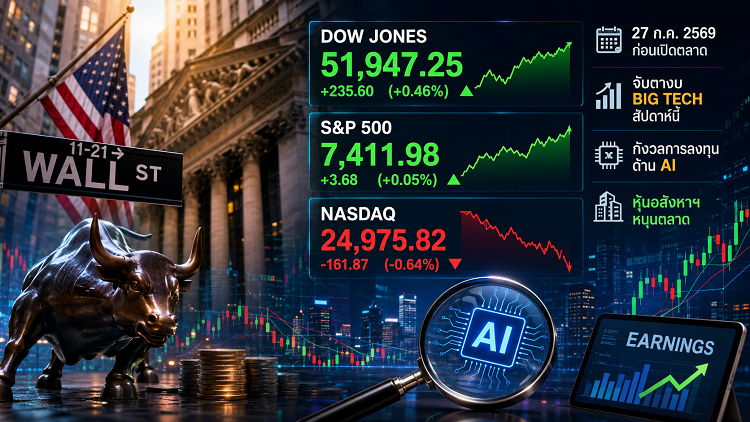 หุ้นนิวยอร์กก่อนเปิดตลาด 27/07/69  จับตางบ Big Tech กดดัน Nasdaq ขณะดาวโจนส์ได้แรงหนุนหุ้นอสังหาฯ