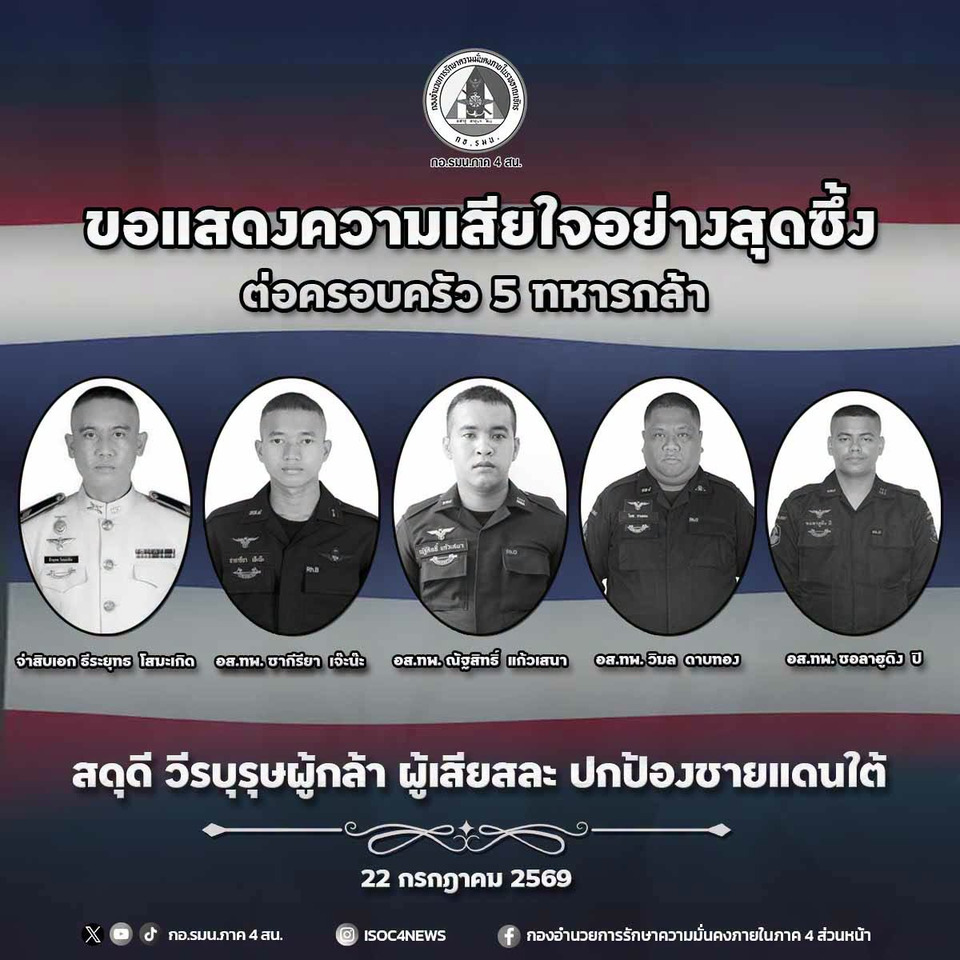 "กอ.รมน.ภาค 4 สน." สดุดี "ทหารกล้า 5 นาย" สละชีพจากเหตุคนร้ายยิง-ขว้างไปป์บอมบ์ใส่จุดตรวจบูเก๊ะซามี จ.นราธิวาส