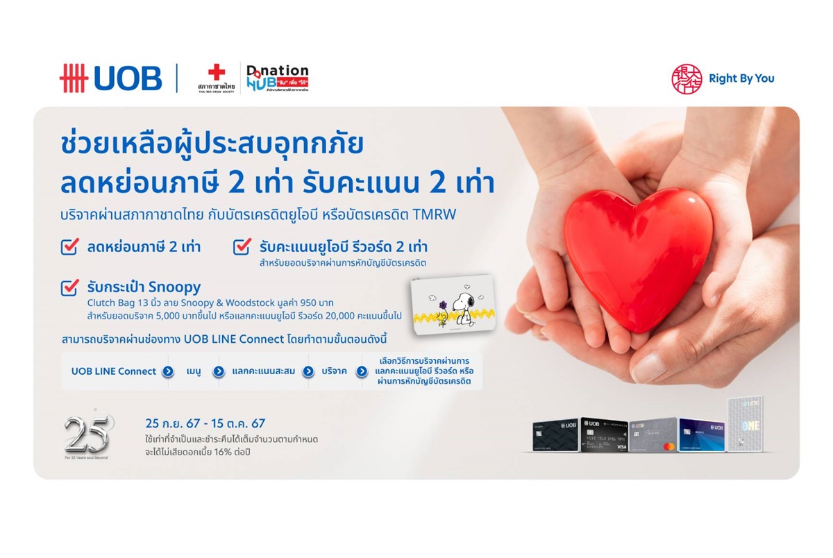 "ยูโอบี ประเทศไทย" ชวนคนไทยร่วมใจช่วยผู้ประสบภัยน้ำท่วมภาคเหนือ มอบสิทธิประโยชน์แก่ผู้ร่วมบริจาค 